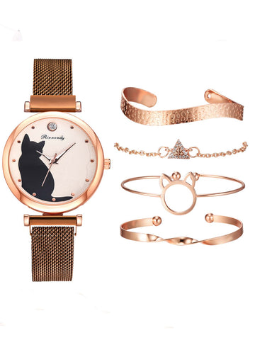 Rose Gold Cat Watch Bracelet Set