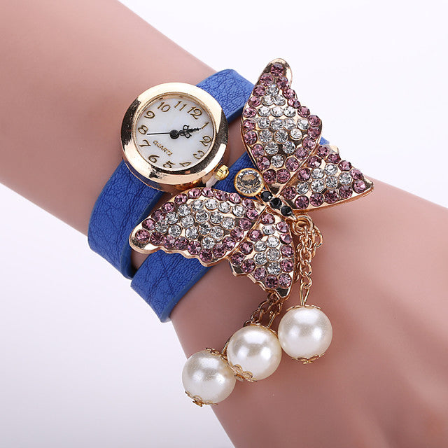 Butterfly Pearl Wrap Watch Bracelet